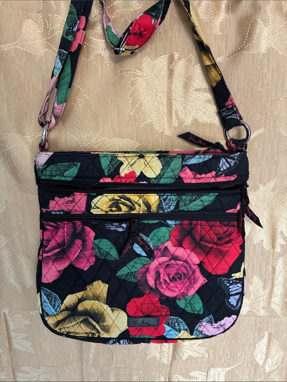 Vera Bradley Black Crossbody Bag with Pink, Red & Yellow Roses